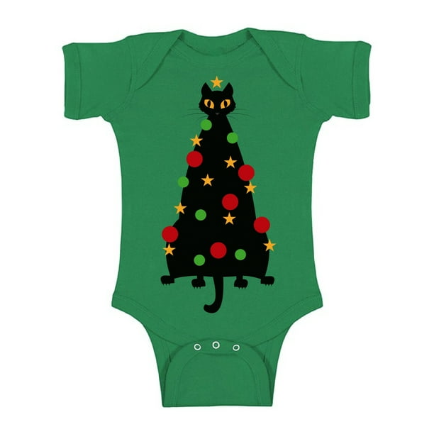 Cat with Christmas Tree Baby Onesie Organic Cotton Funny Soft Baby Long Sleeve Romper